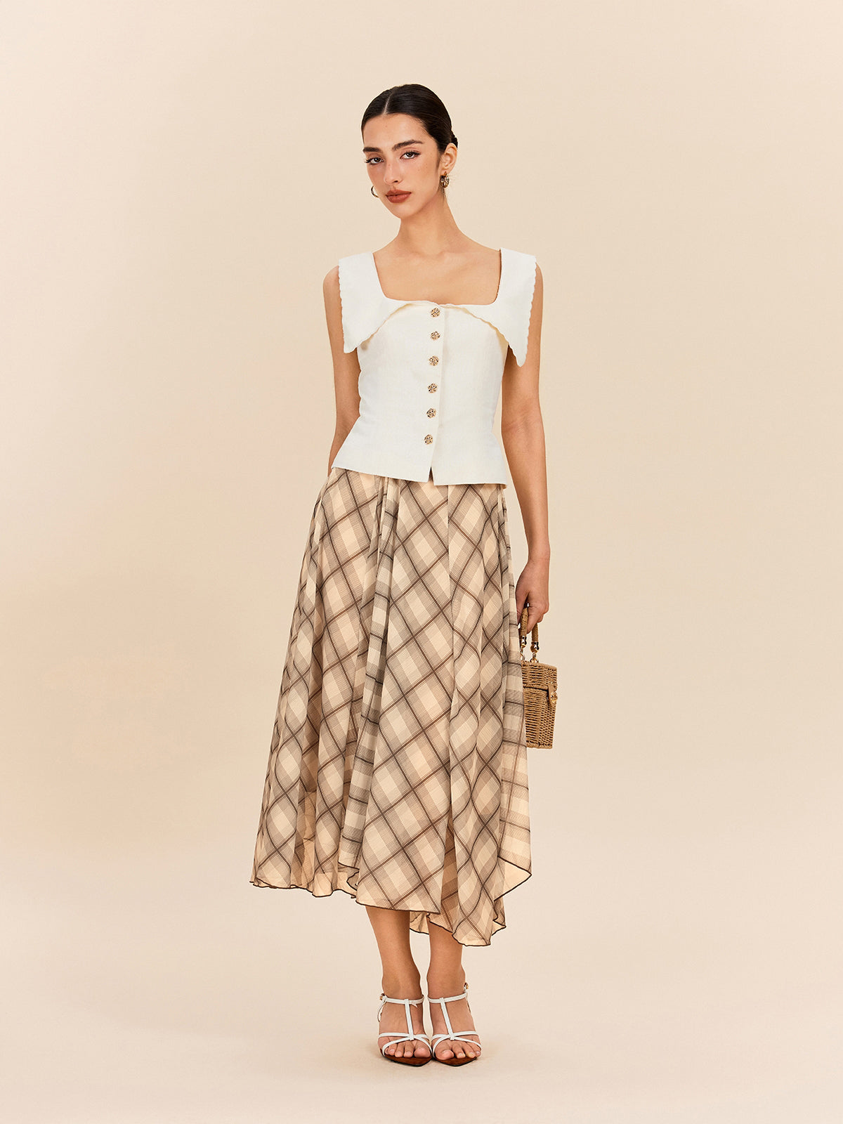 Semi-Sheer Plaid Chiffon Skirt