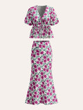 Boho V-Neck Drawstring Puff Sleeve Skirt Set