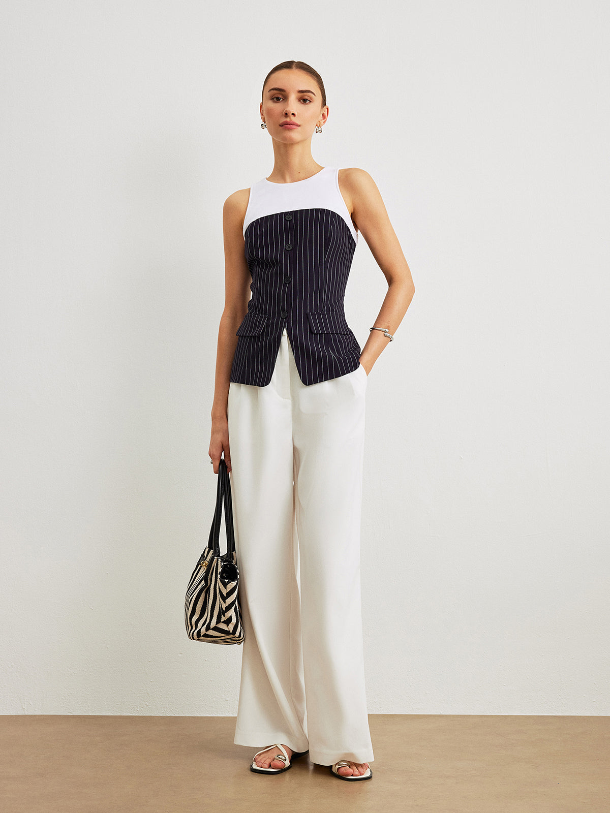 Pinstripe Button Detail Top With Decor Pockets