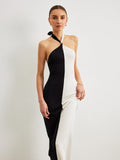 Color Block Halter Knotted Backless Long Dress