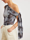 Boho-Print Asymmetrisches Dekolleté Mesh Drapierte Bluse