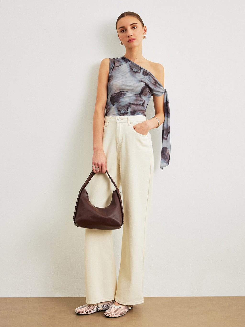 Boho-Print Asymmetrisches Dekolleté Mesh Drapierte Bluse