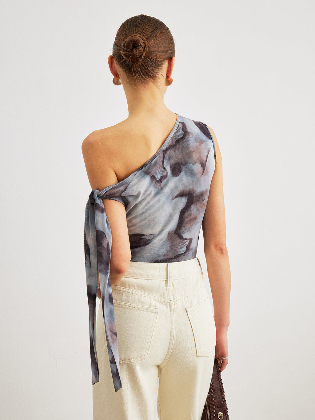 Boho-Print Asymmetrisches Dekolleté Mesh Drapierte Bluse