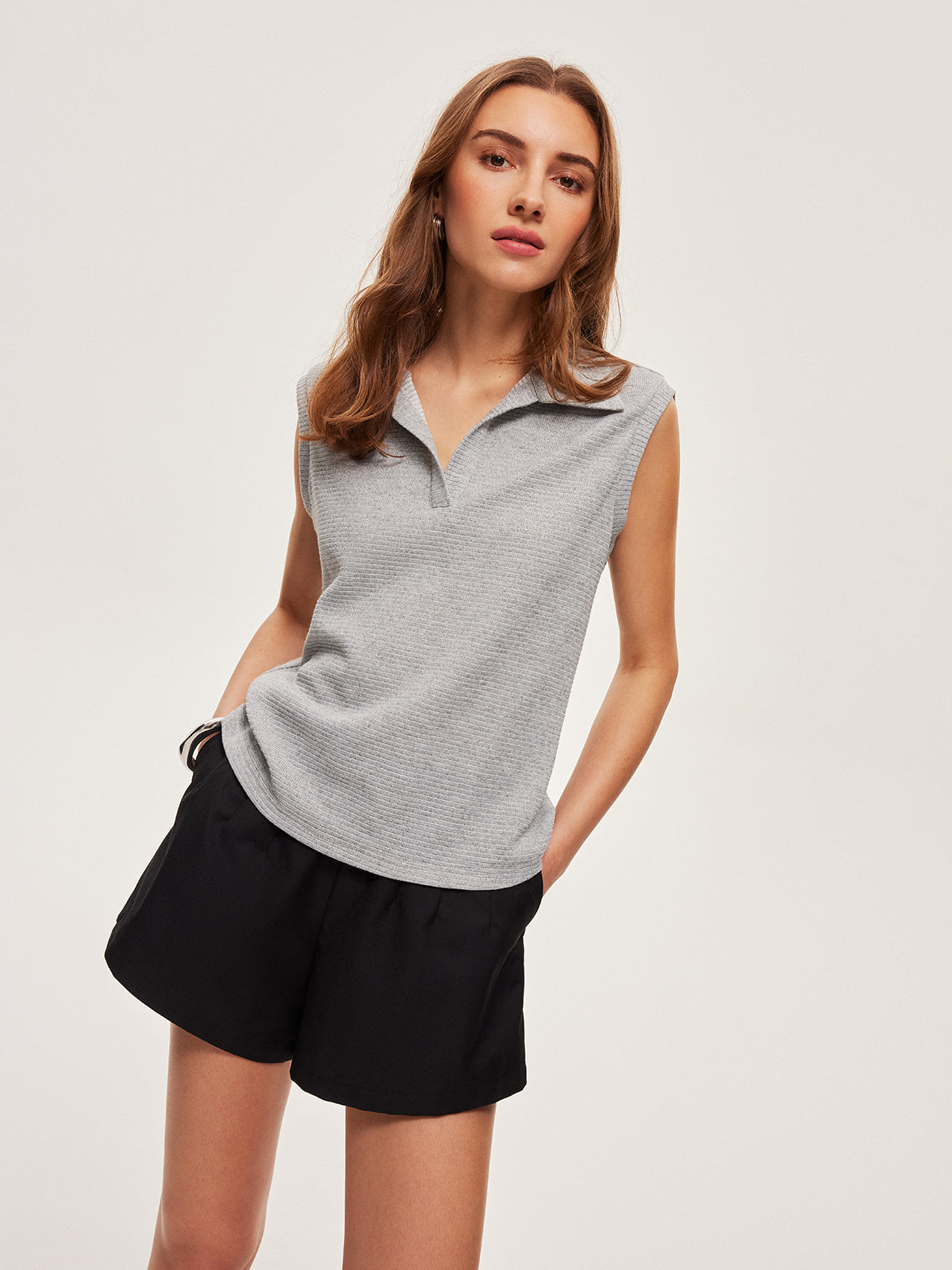 Ribbed Knit Polo Top