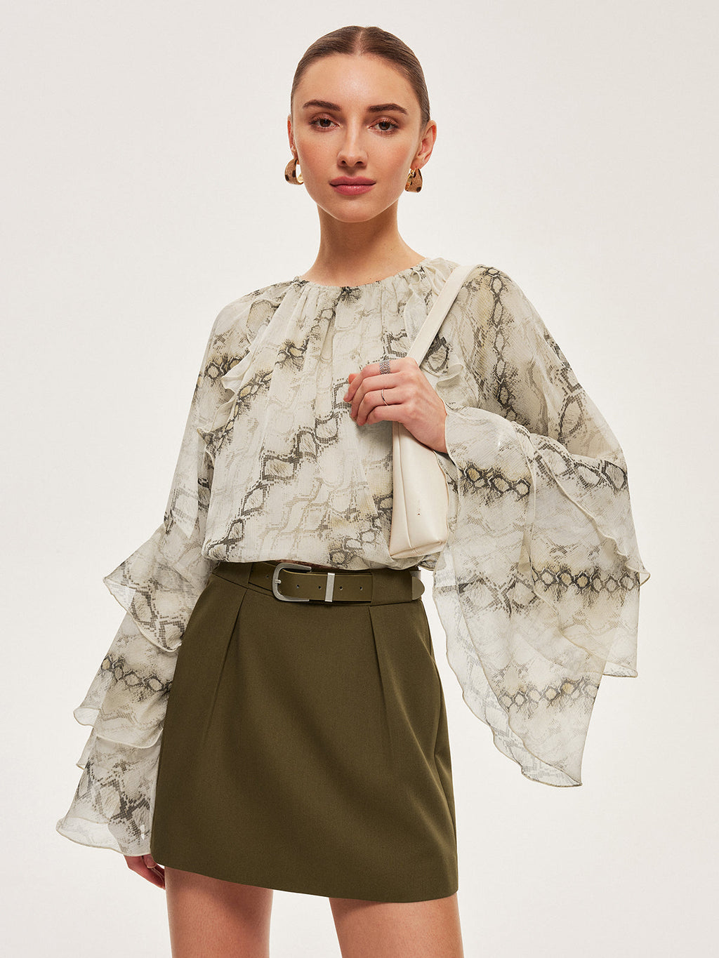 Semi-Sheer Print Ruffle Sleeve Chiffon Blouse