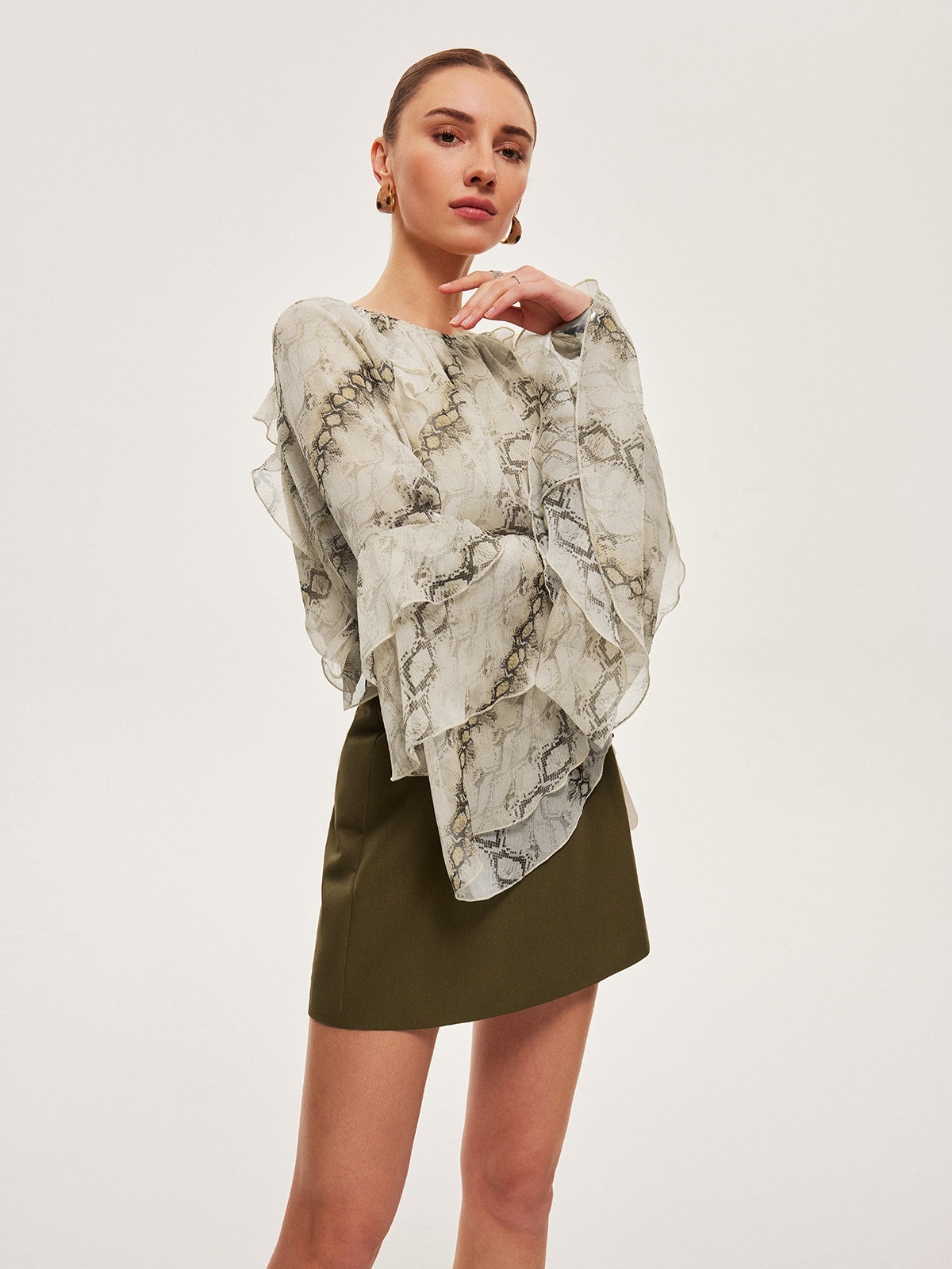 Semi-Sheer Print Ruffle Sleeve Chiffon Blouse