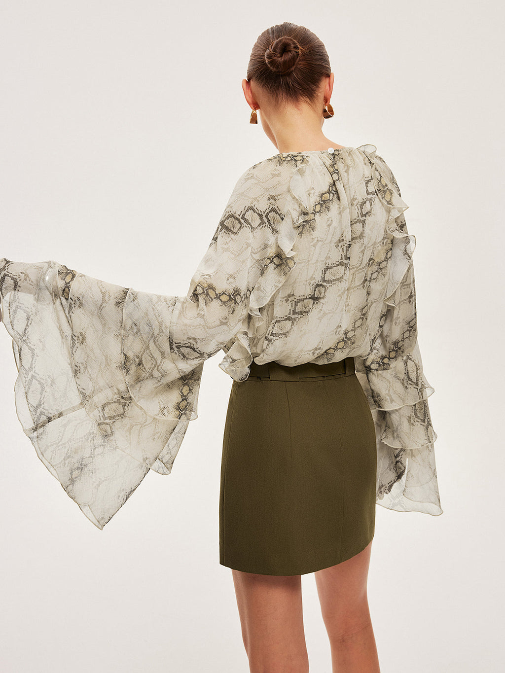 Semi-Sheer Print Ruffle Sleeve Chiffon Blouse