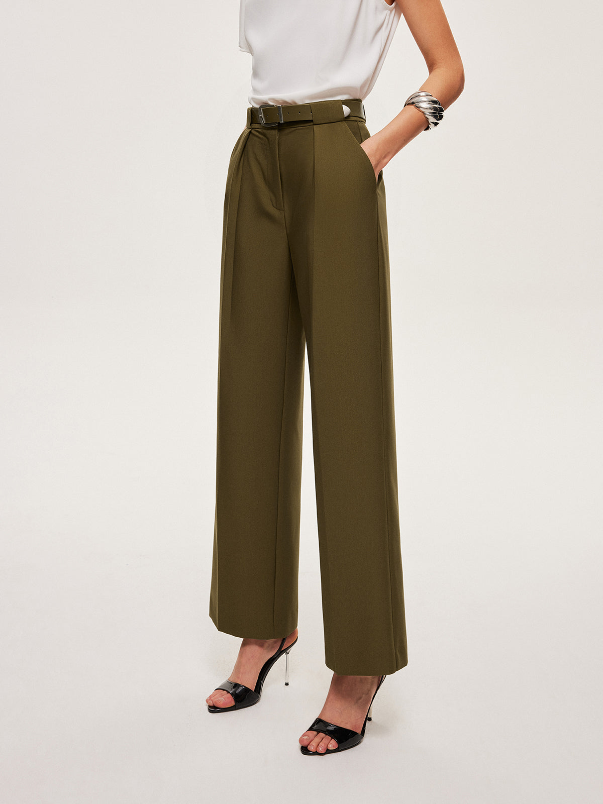 Pantalon droit ceinturé taille mi-haute