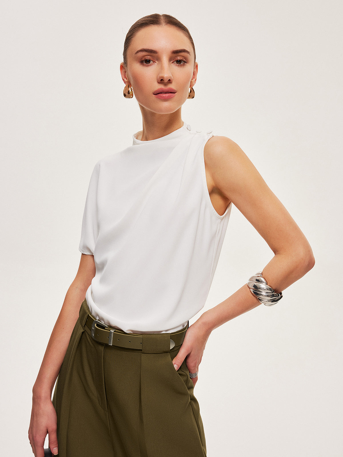 Asymmetric Draped Button-Shoulder Top