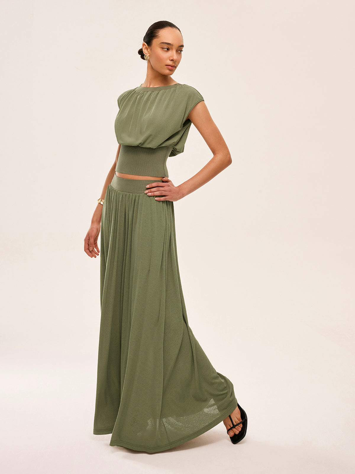 Gathered Waist Top With Flowy Skirt Set