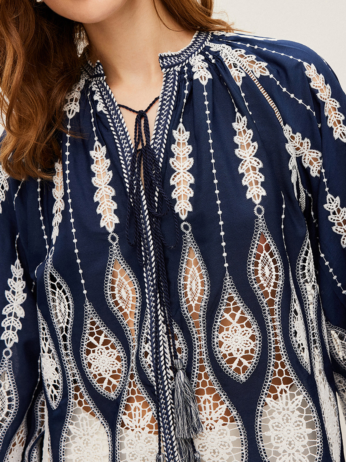 Semi-Sheer Embroidered Tie-Neck Blouse