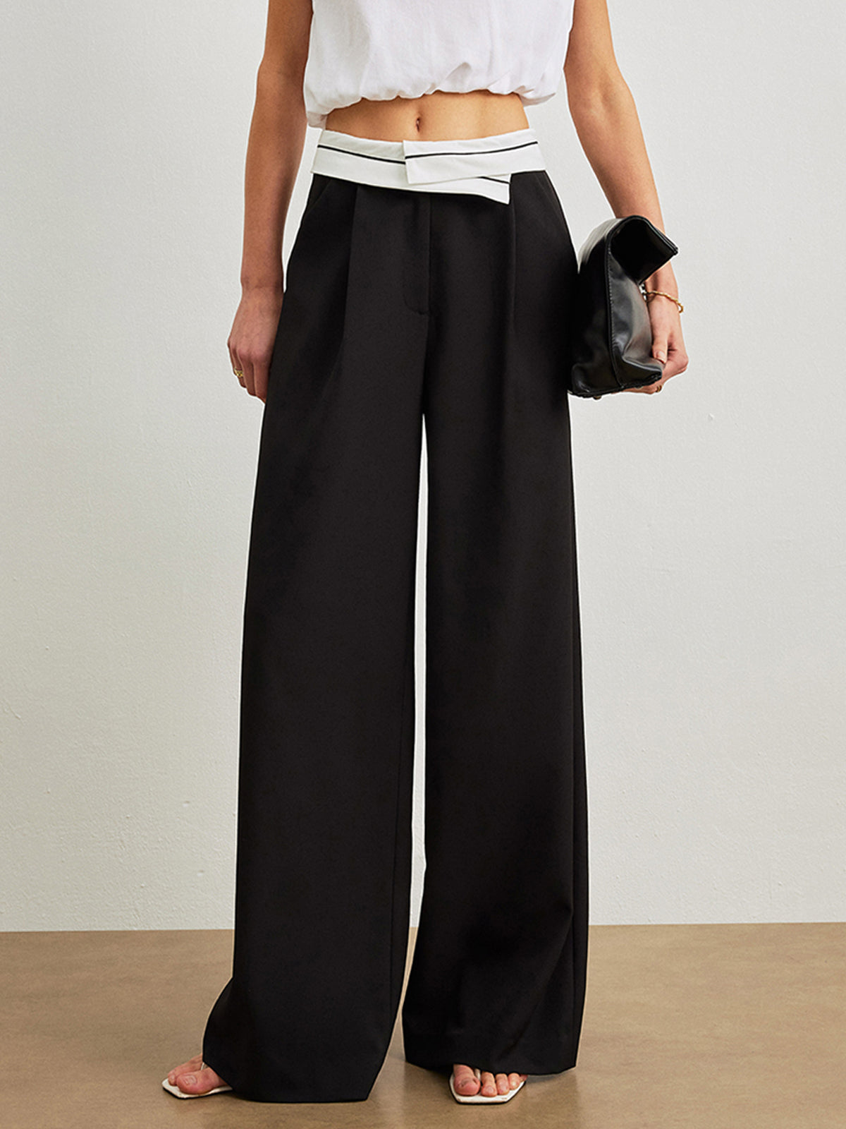Mid-Waist Pants With Pockets & Contrast Waistband