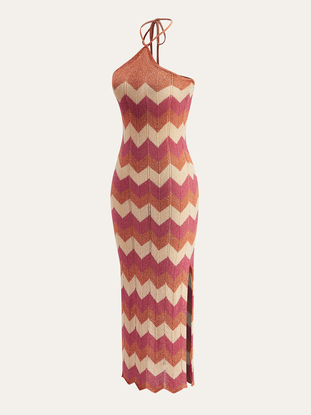 Farbblock-Neckholder-Strickkleid mit Knoten und Schlitz