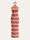 Farbblock-Neckholder-Strickkleid mit Knoten und Schlitz
