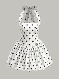 Gepunktetes Schleifen-Neckholder-Kleid mit Reißverschluss
