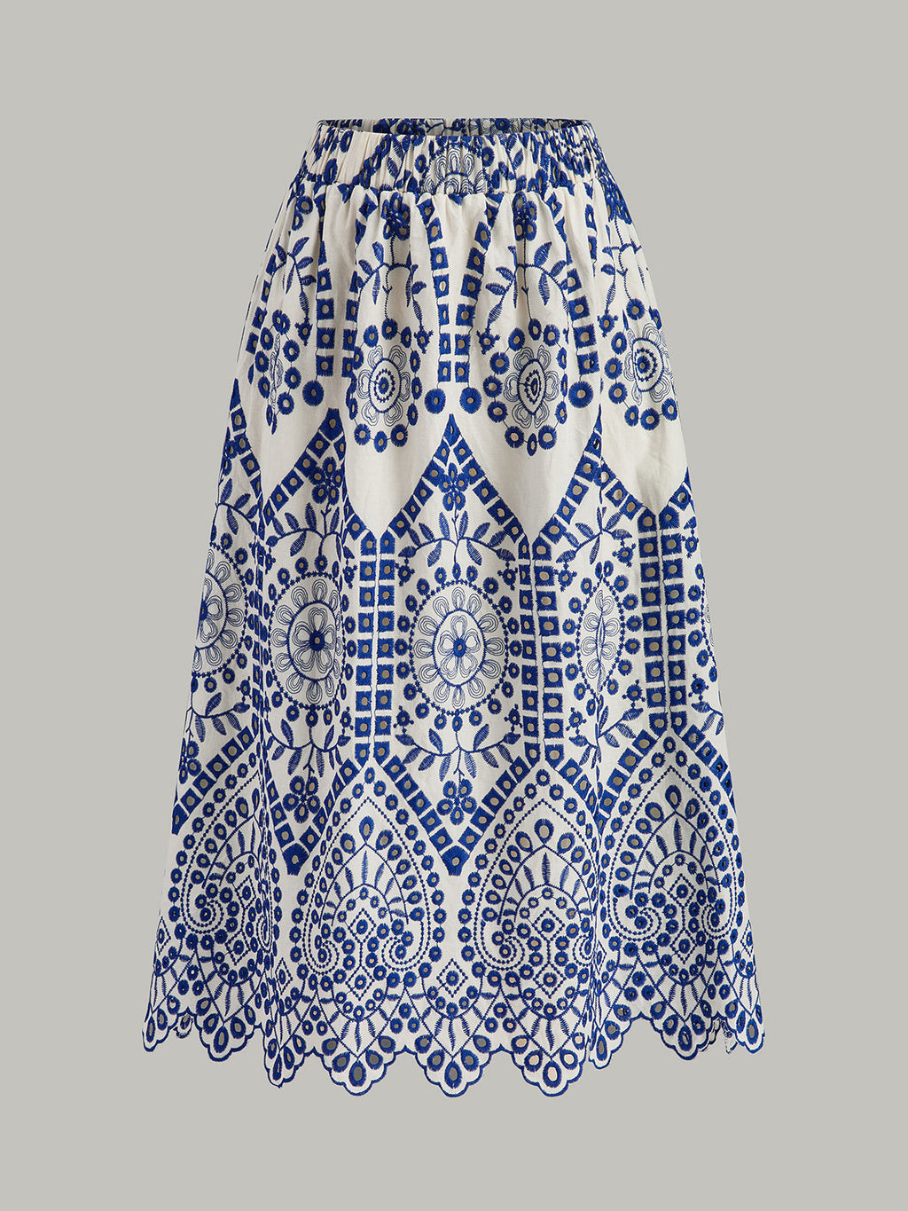 Cotton Embroidery Scalloped Hem Elastic Waistband Skirt