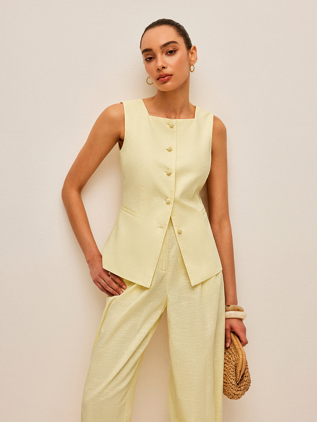Cotton & Linen Tie-Back Vest With Pockets Pants Set