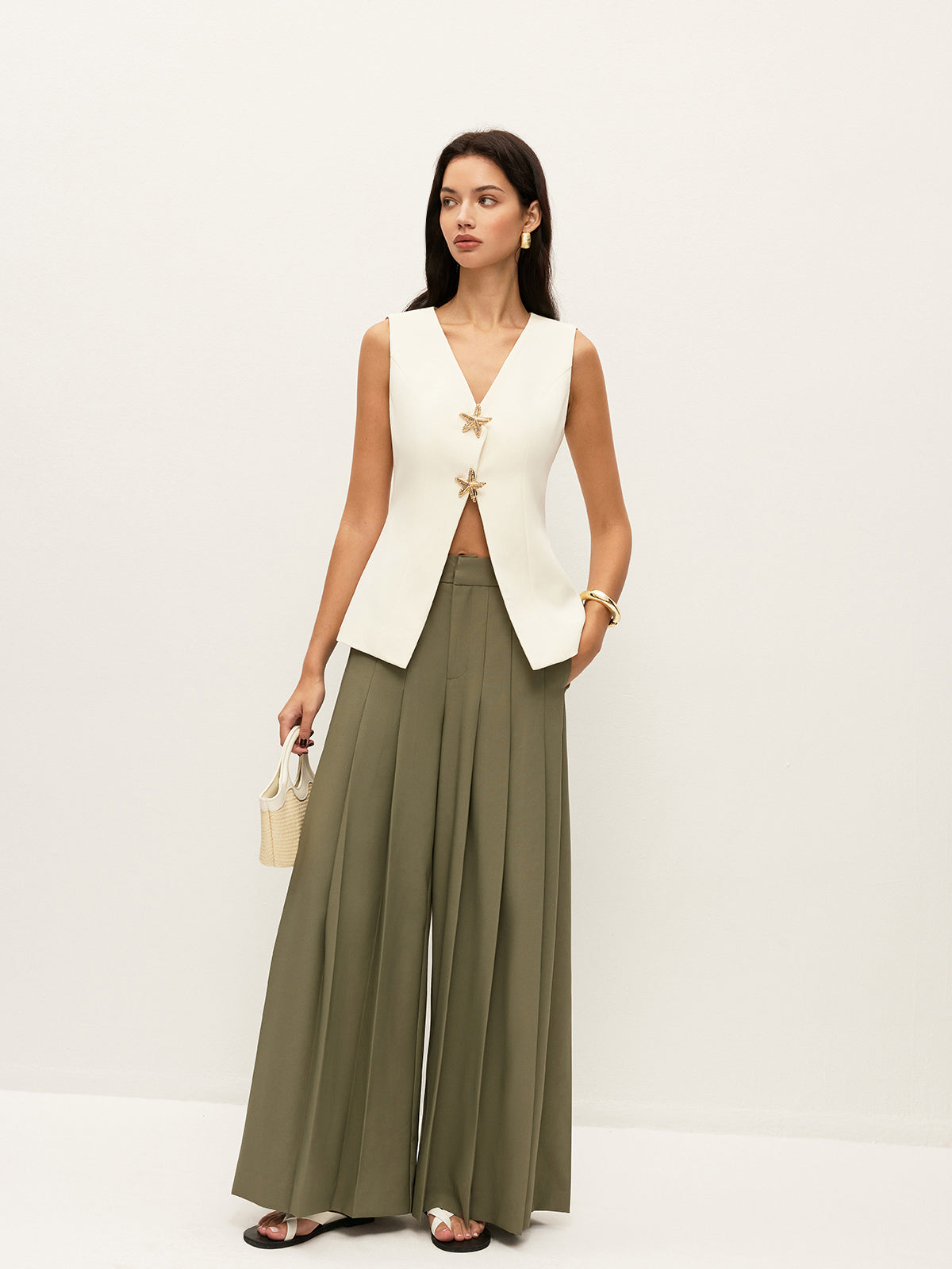 Mid-Waist Pleated Zipper Wide-Leg Pants With Pockets
