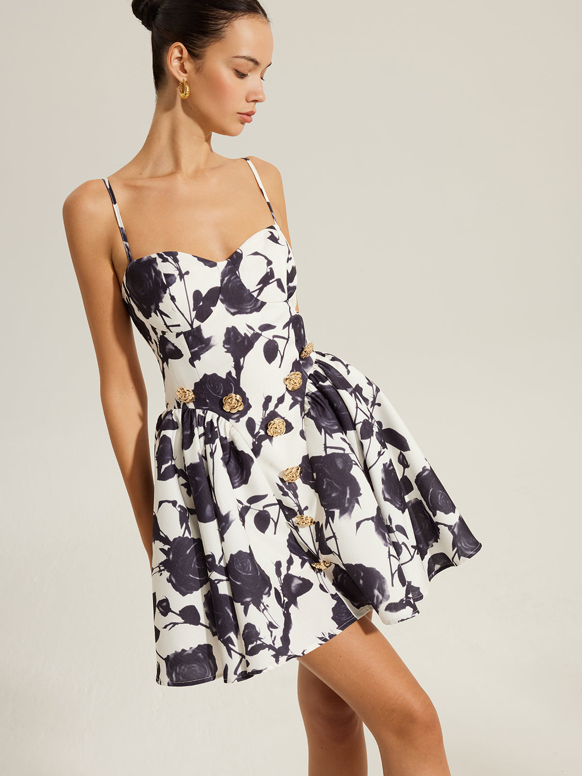 Floral Print Metal Detail Zipper Spaghetti Strap Dress