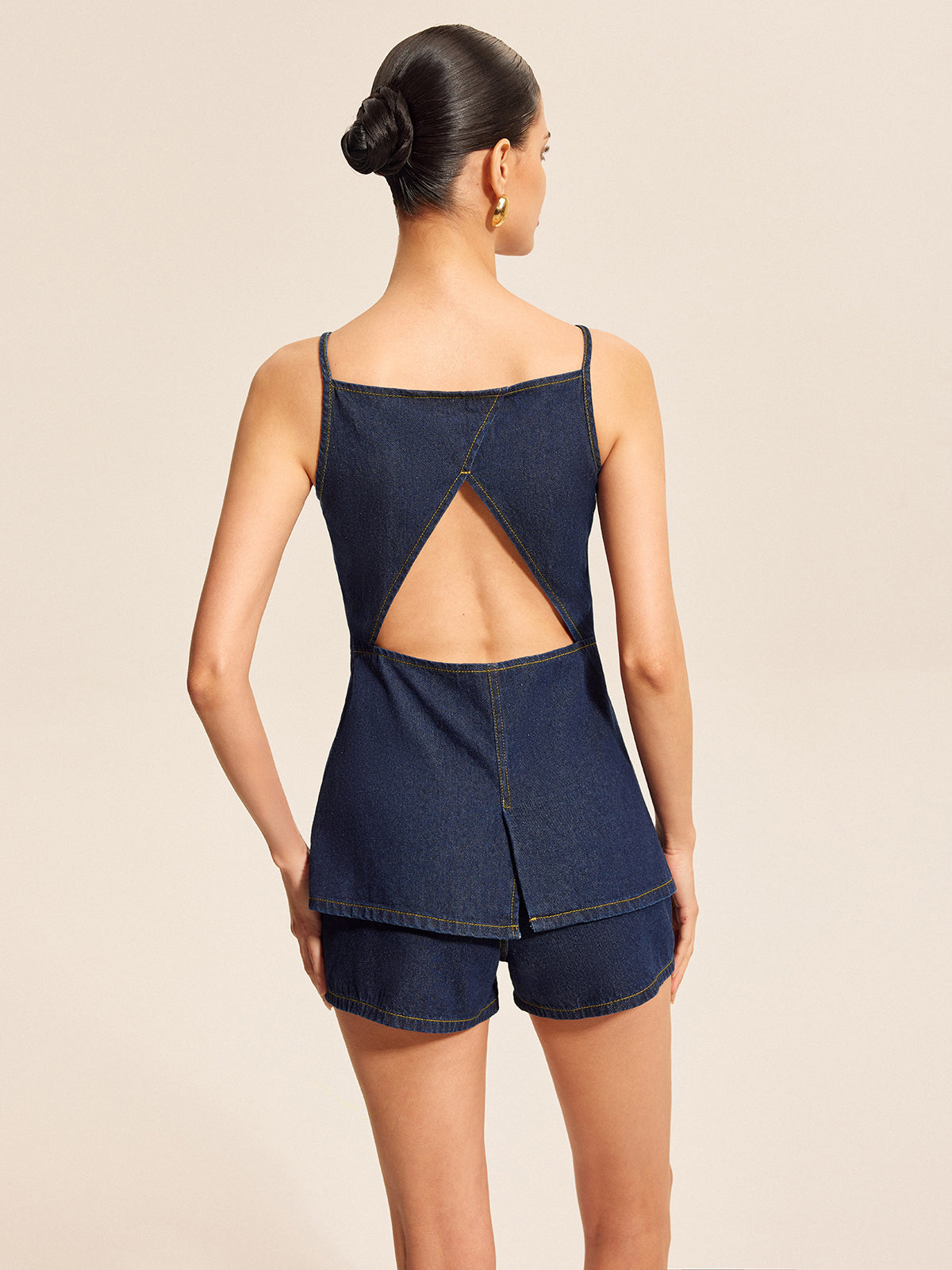 Button Detail Denim Shorts Set With Buckle Accents