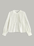 Pleated Lace Trim Button-Up Blouse