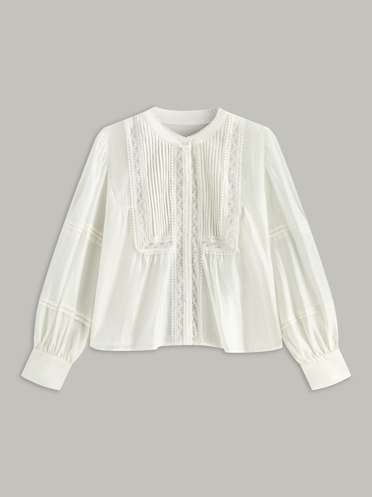 Pleated Lace Trim Button-Up Blouse