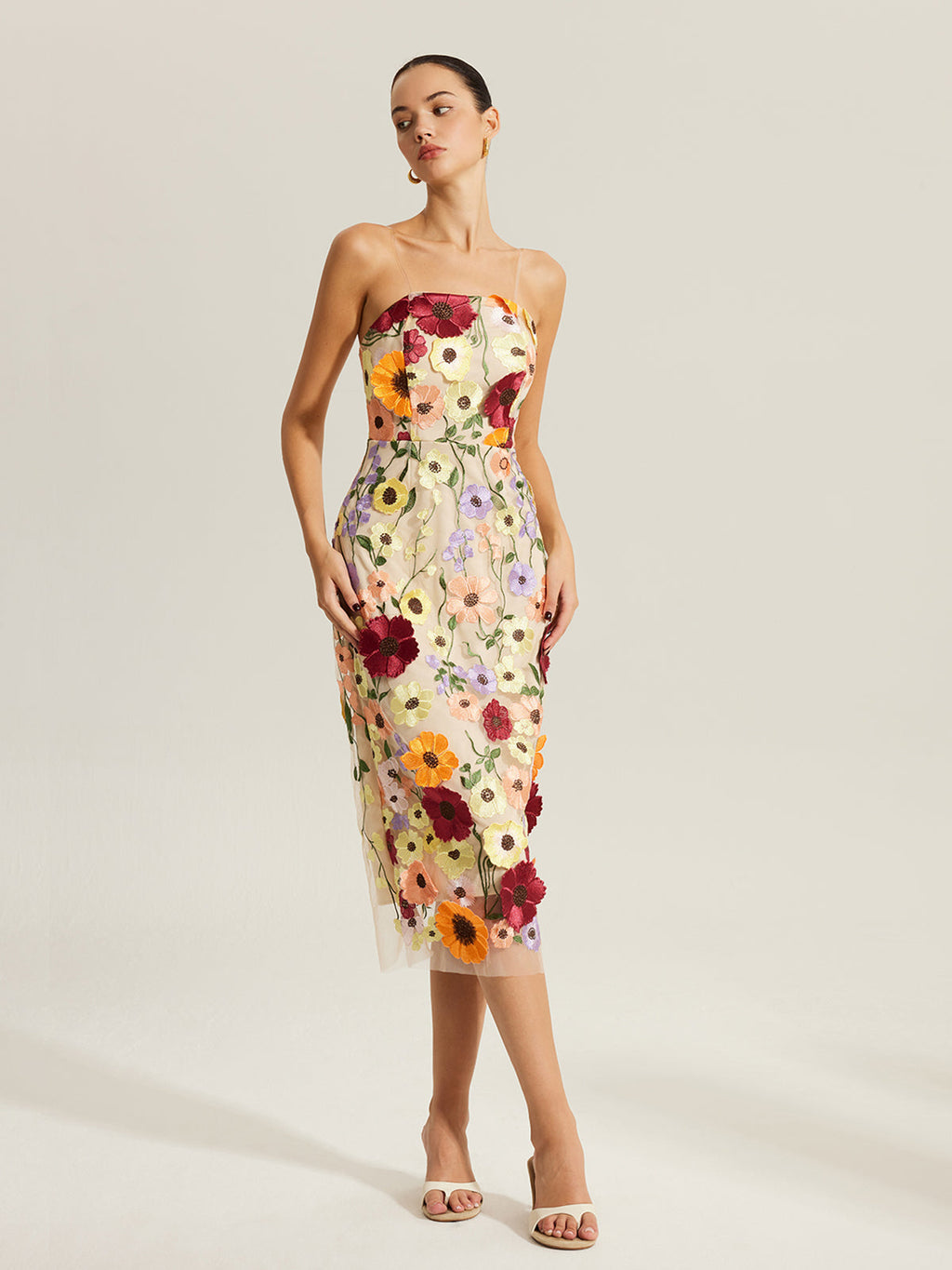 Semi-Sheer Embroidered Floral Dress With Clear Straps