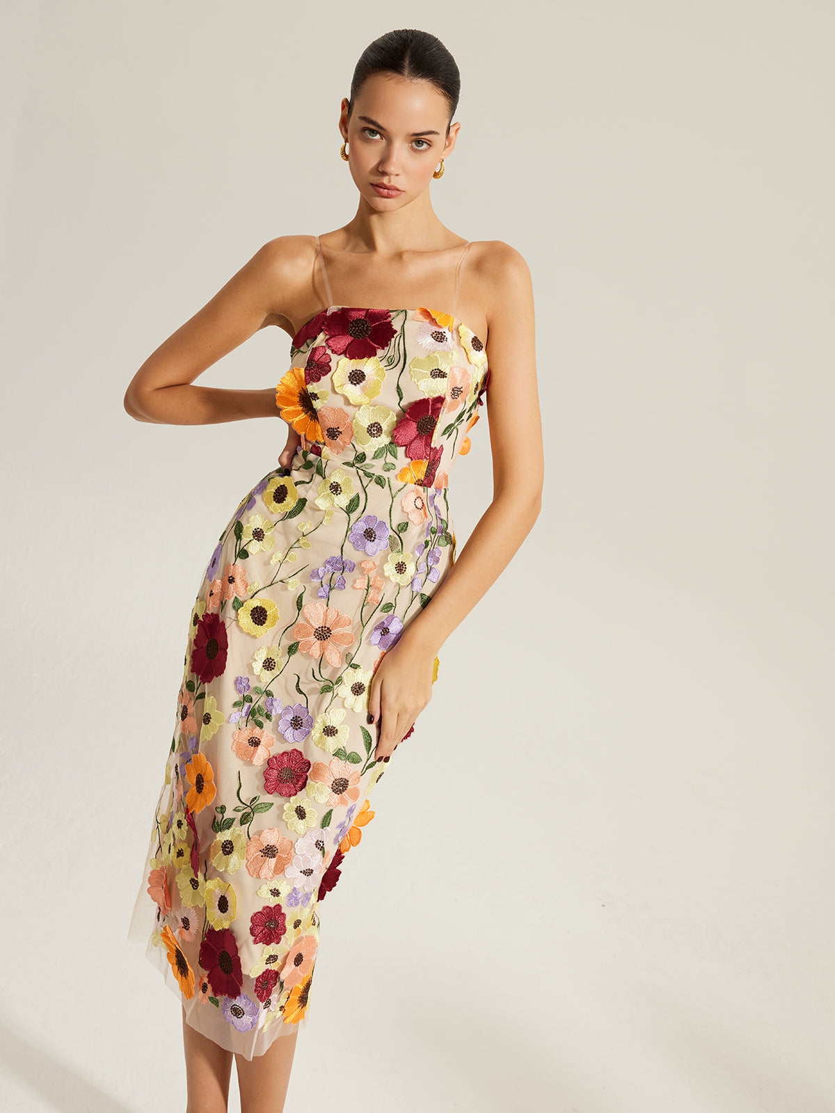 Semi-Sheer Embroidered Floral Dress With Clear Straps