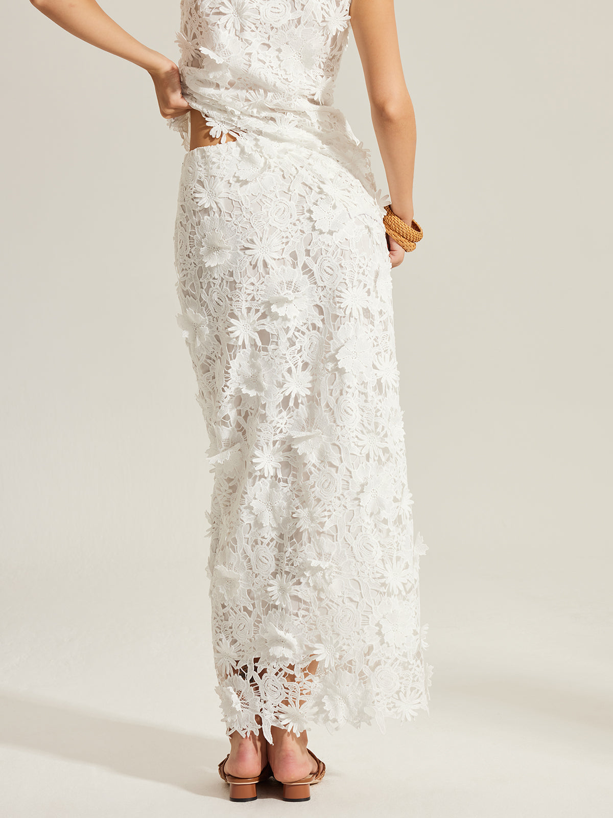Floral Embroidered Semi-Sheer Lace Skirt