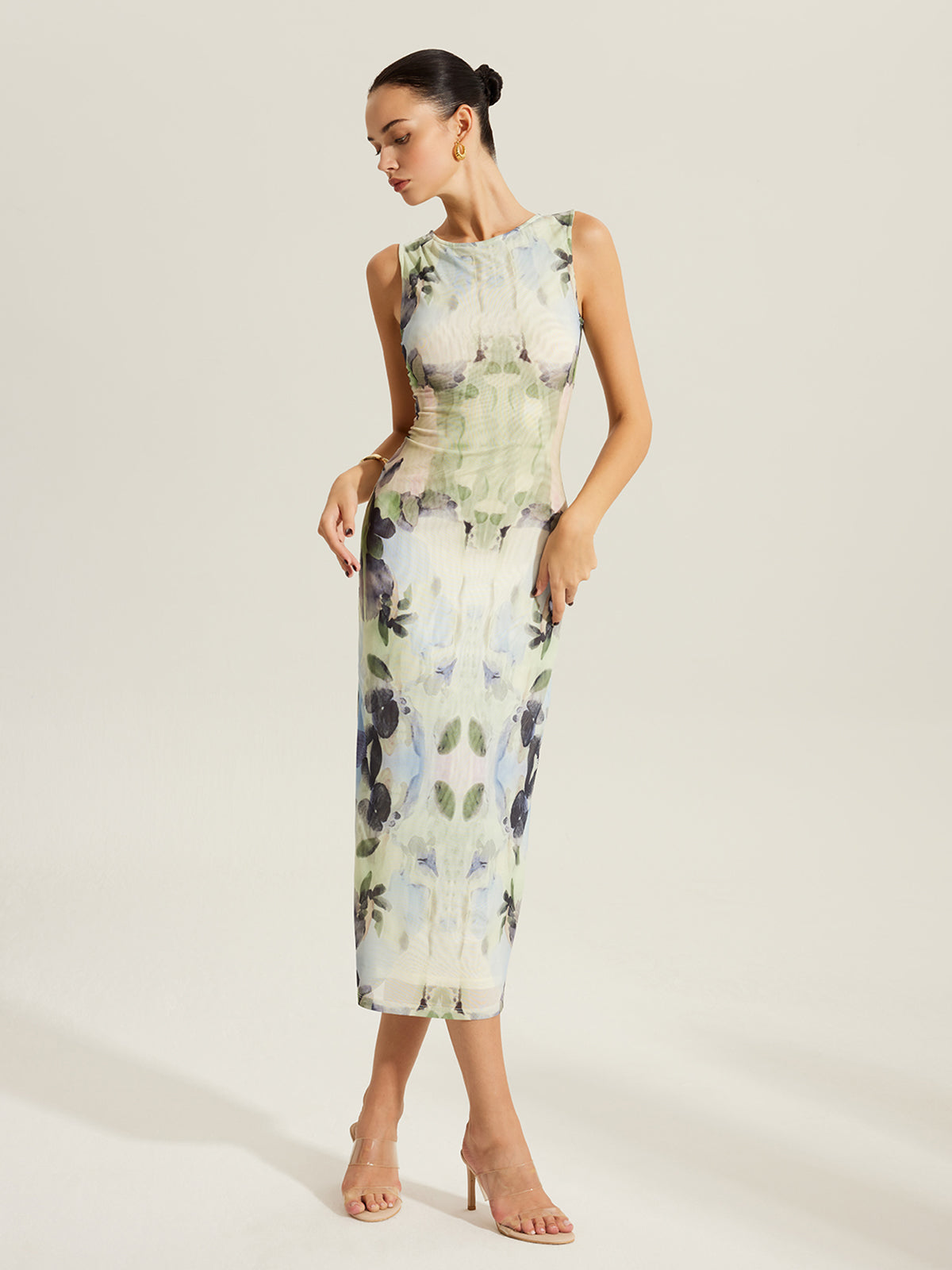 Floral Print Sleeveless Mesh Dress