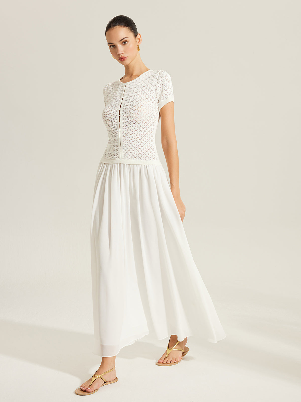 Sheer-Panel Button-Front Knit Dress