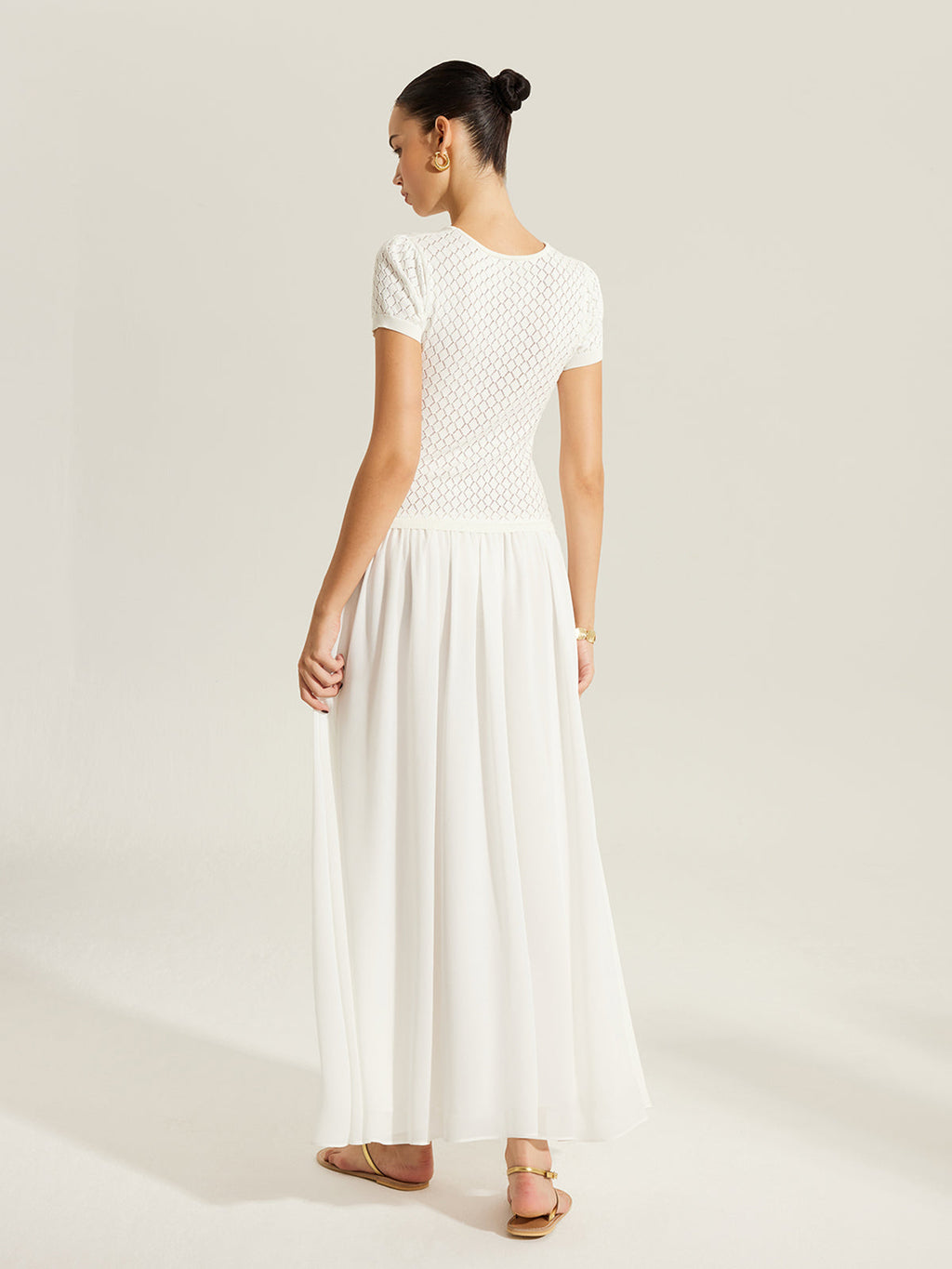 Sheer-Panel Button-Front Knit Dress