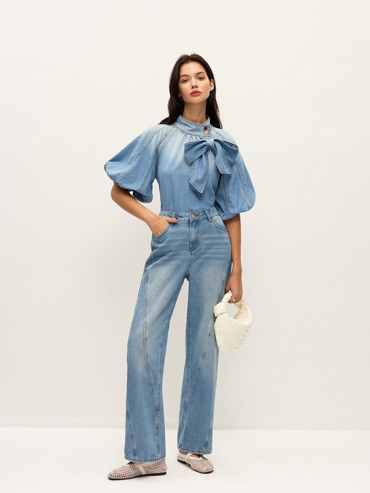 Denim Puff-Sleeve Top With Bow Detail