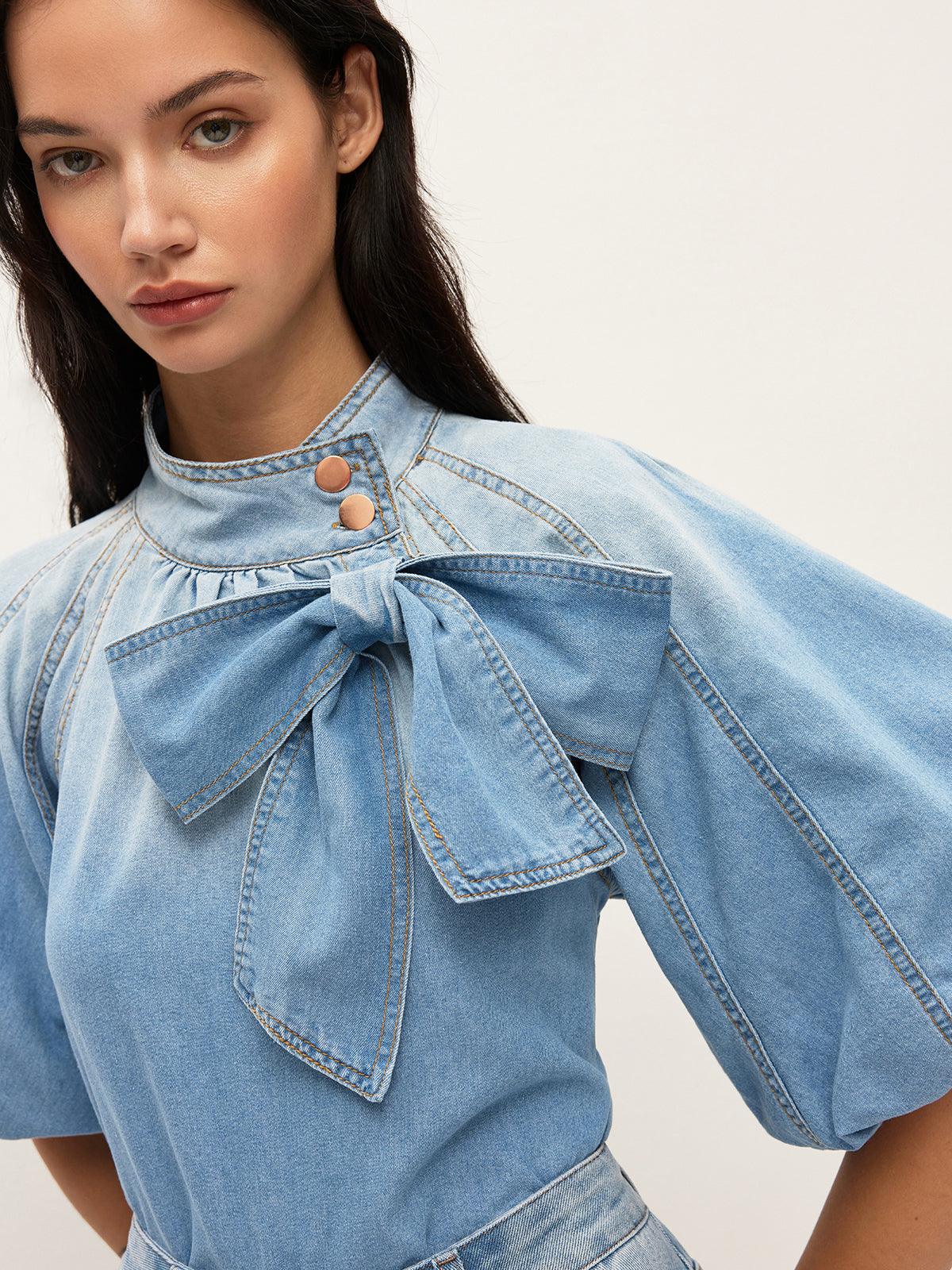 Jeans-Puffärmel-Top mit Schleifendetail