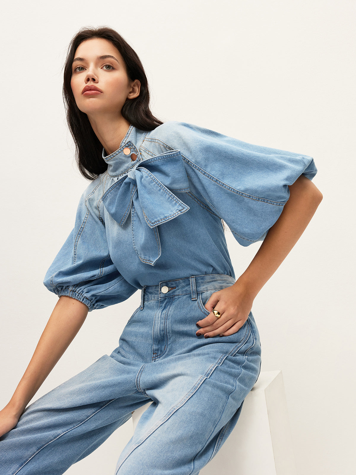 Jeans-Puffärmel-Top mit Schleifendetail