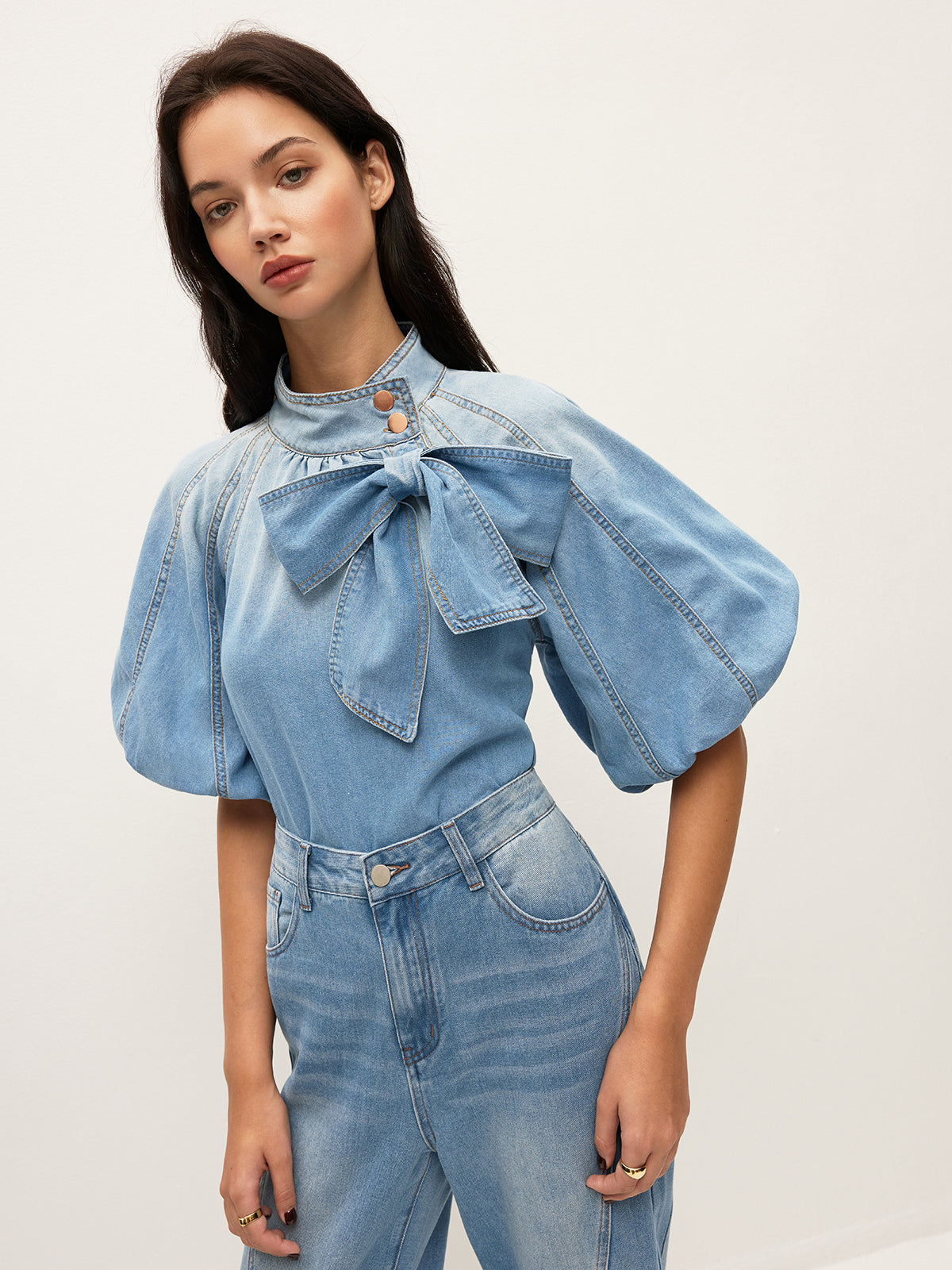 Jeans-Puffärmel-Top mit Schleifendetail