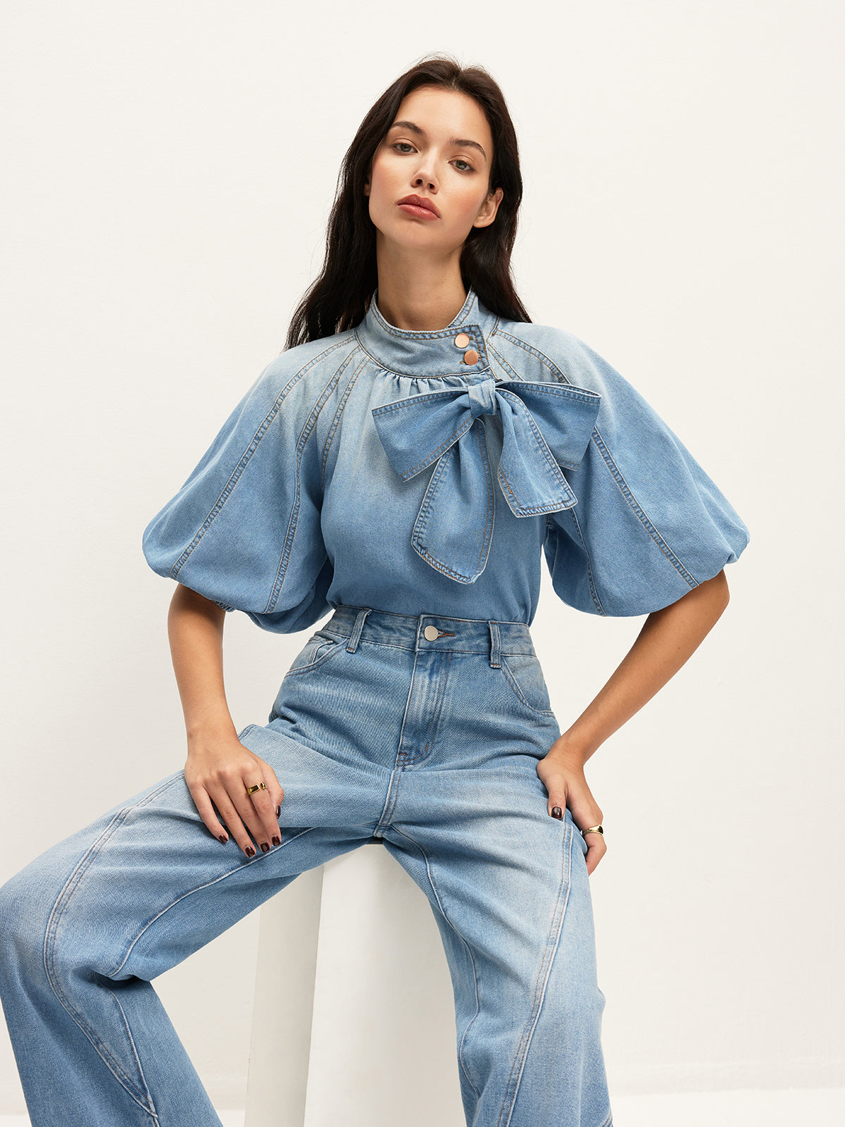 Jeans-Puffärmel-Top mit Schleifendetail
