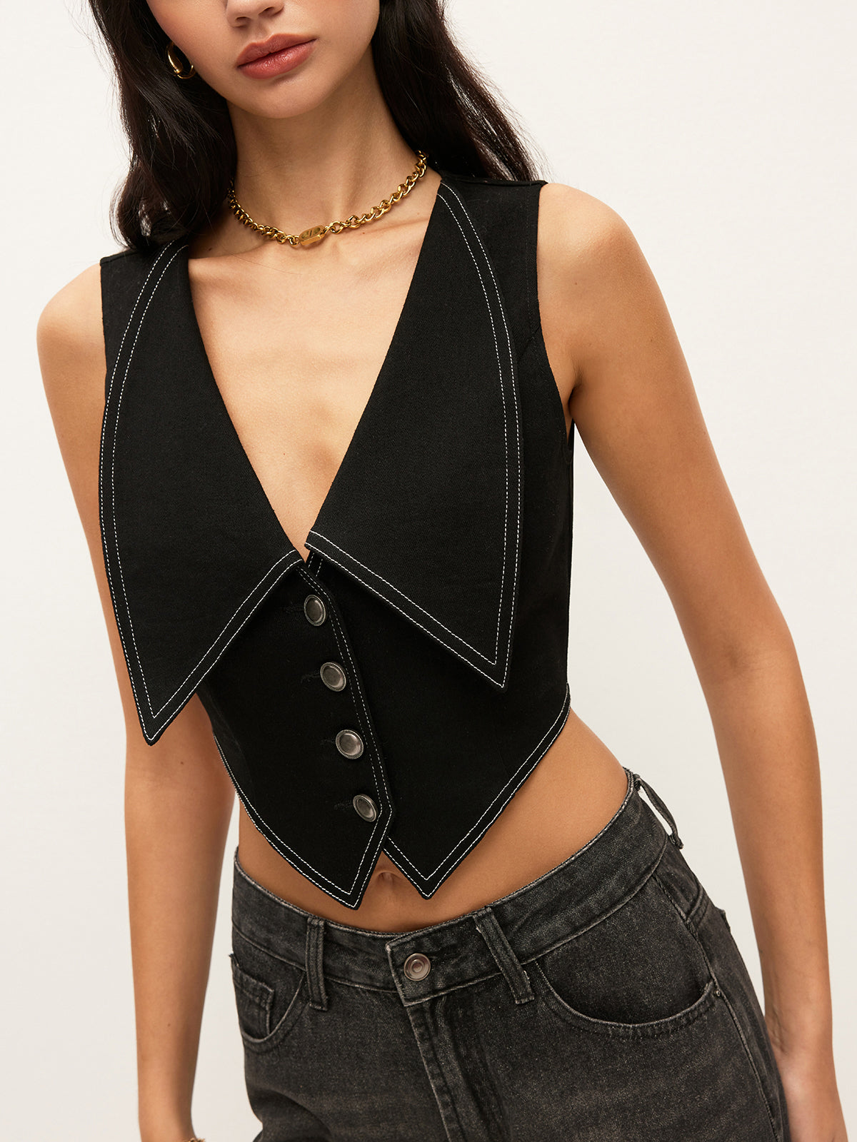 Collared Button-Down Denim Top