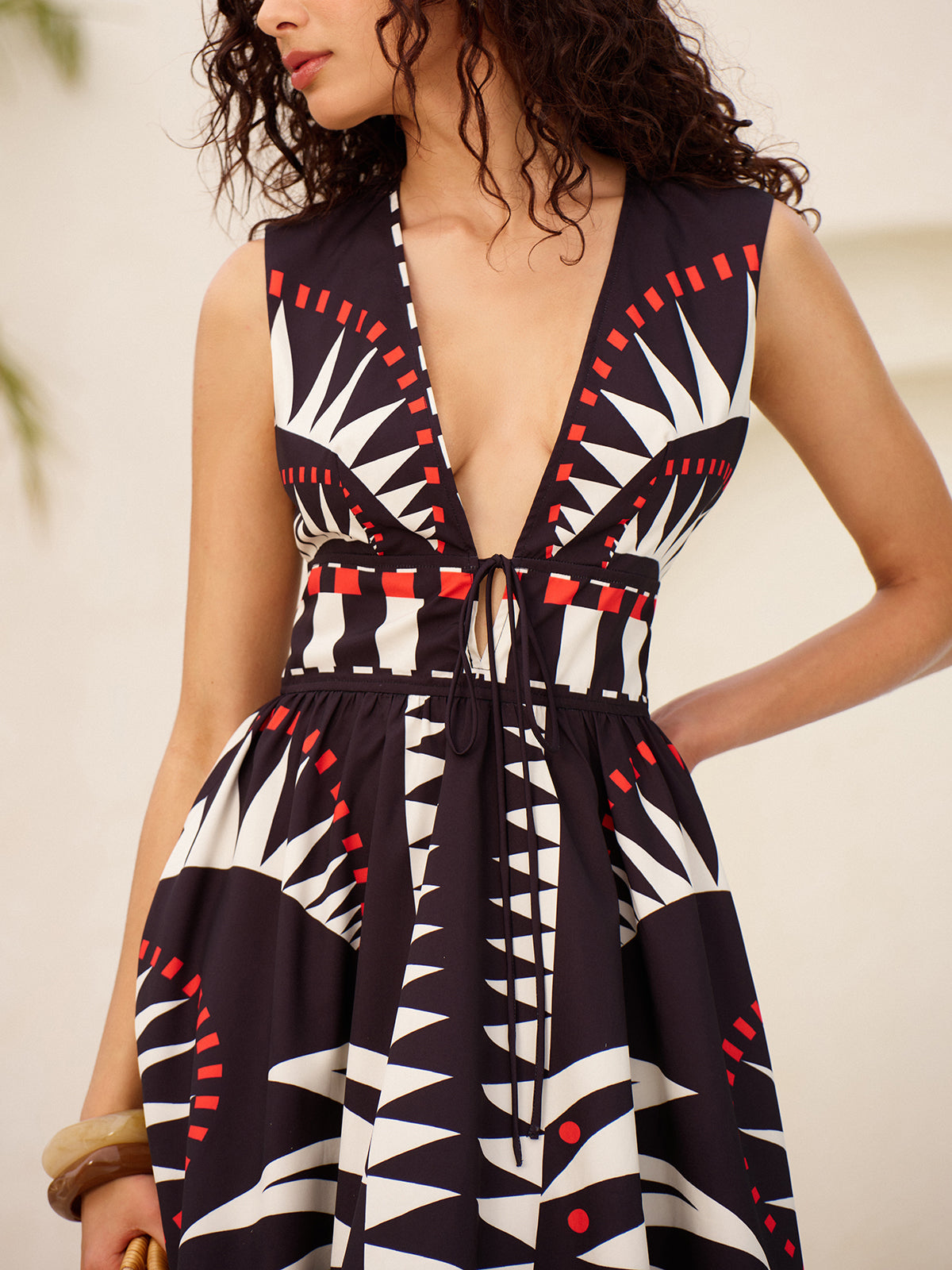 Geometric Graphic V-Neck Tie-Waist Zipper Sleeveless Dress