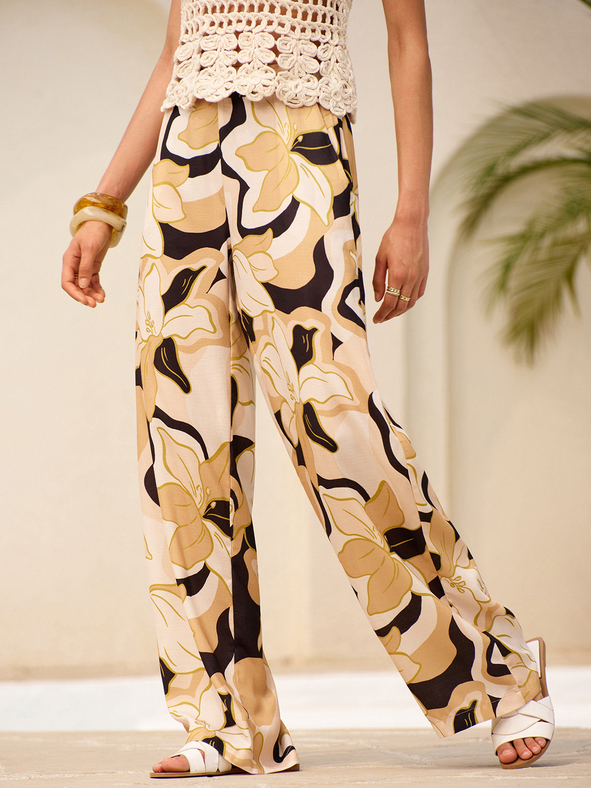 Mid-Waist Floral Print Pockets Pants