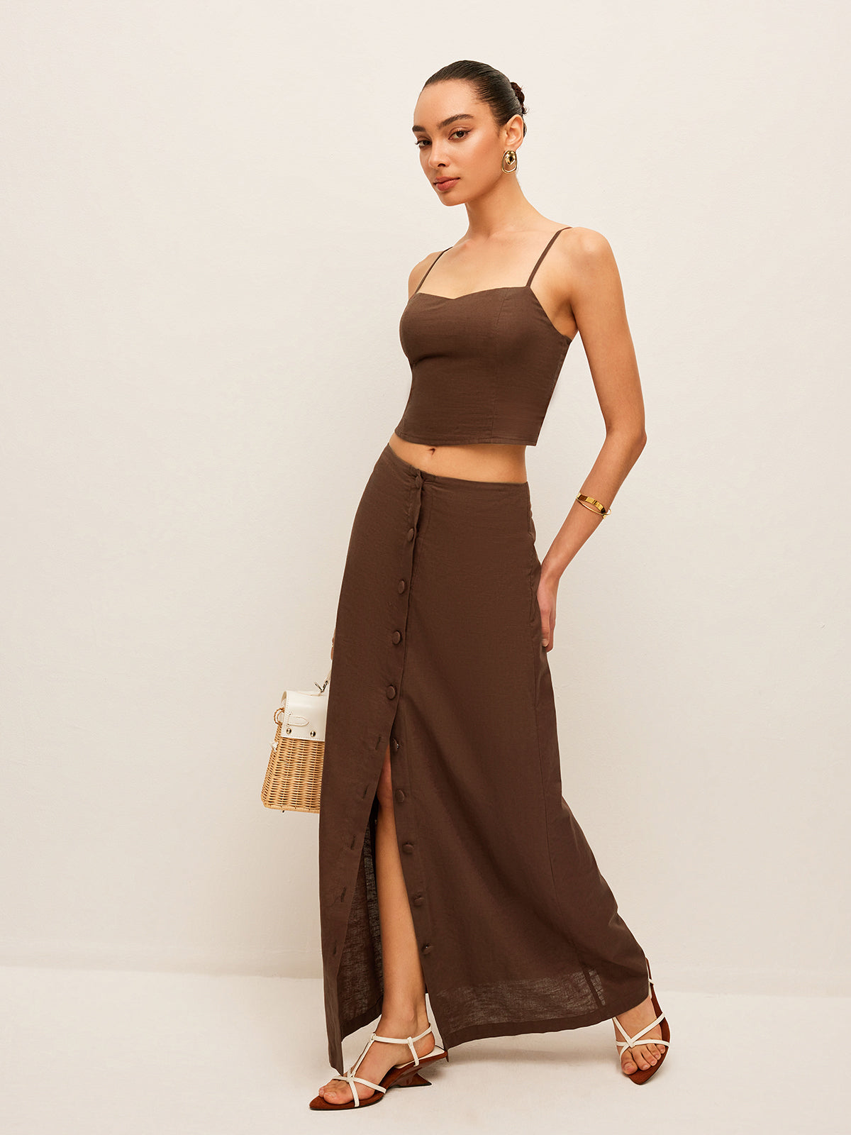 Ensemble jupe boutonnée en coton et lin 