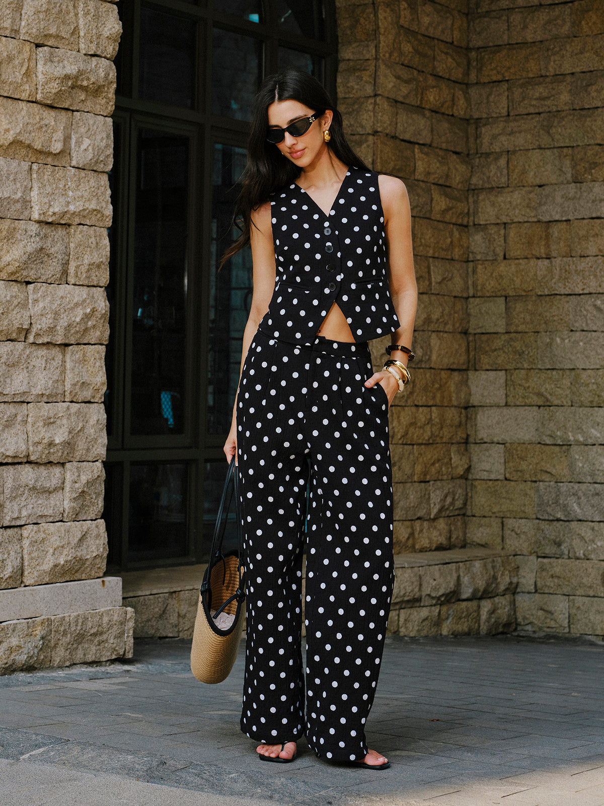 Cotton Polka Dot Vest With Pants Set