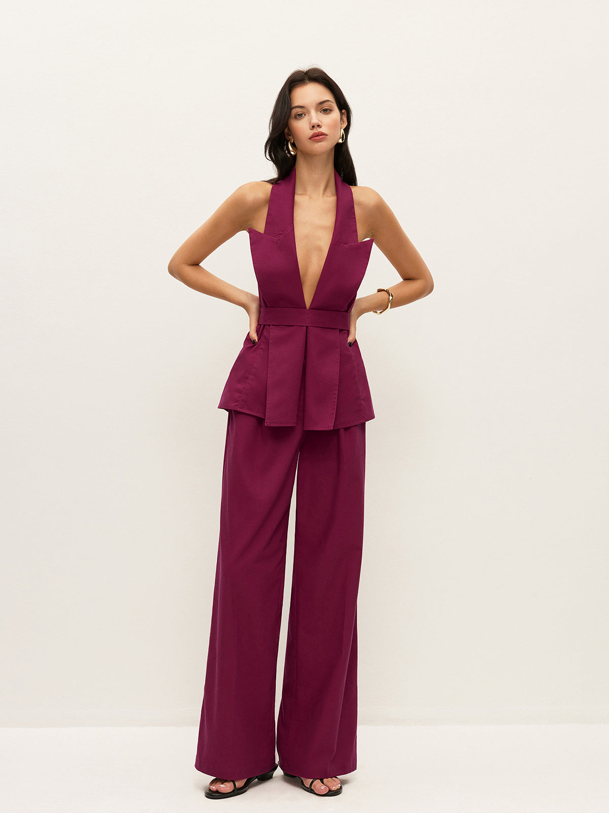 Halter Neck Belted Pocketed Pants Set
