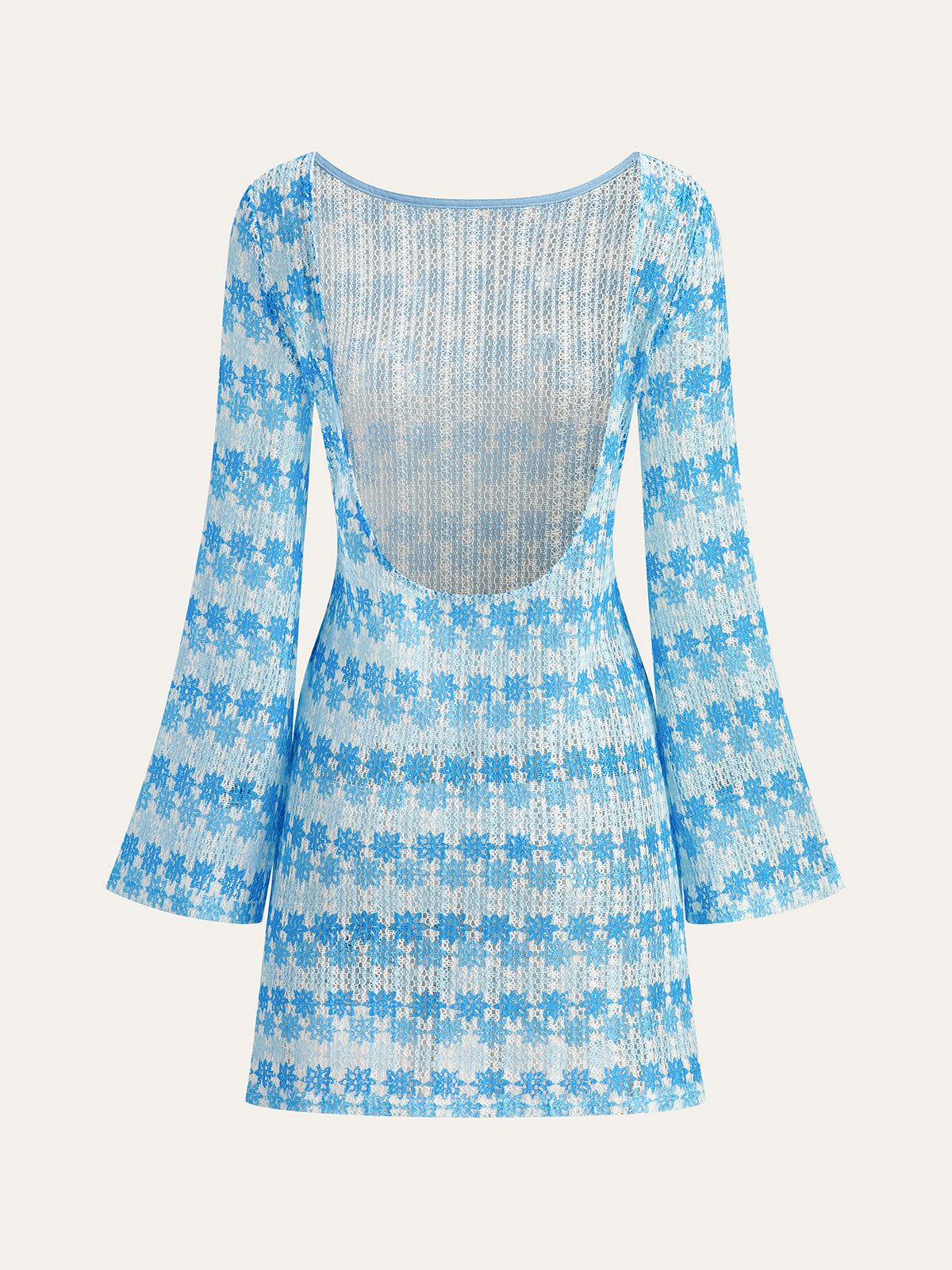 Halbtransparenter rückenfreier Häkelkleid mit ausgestellten Ärmeln