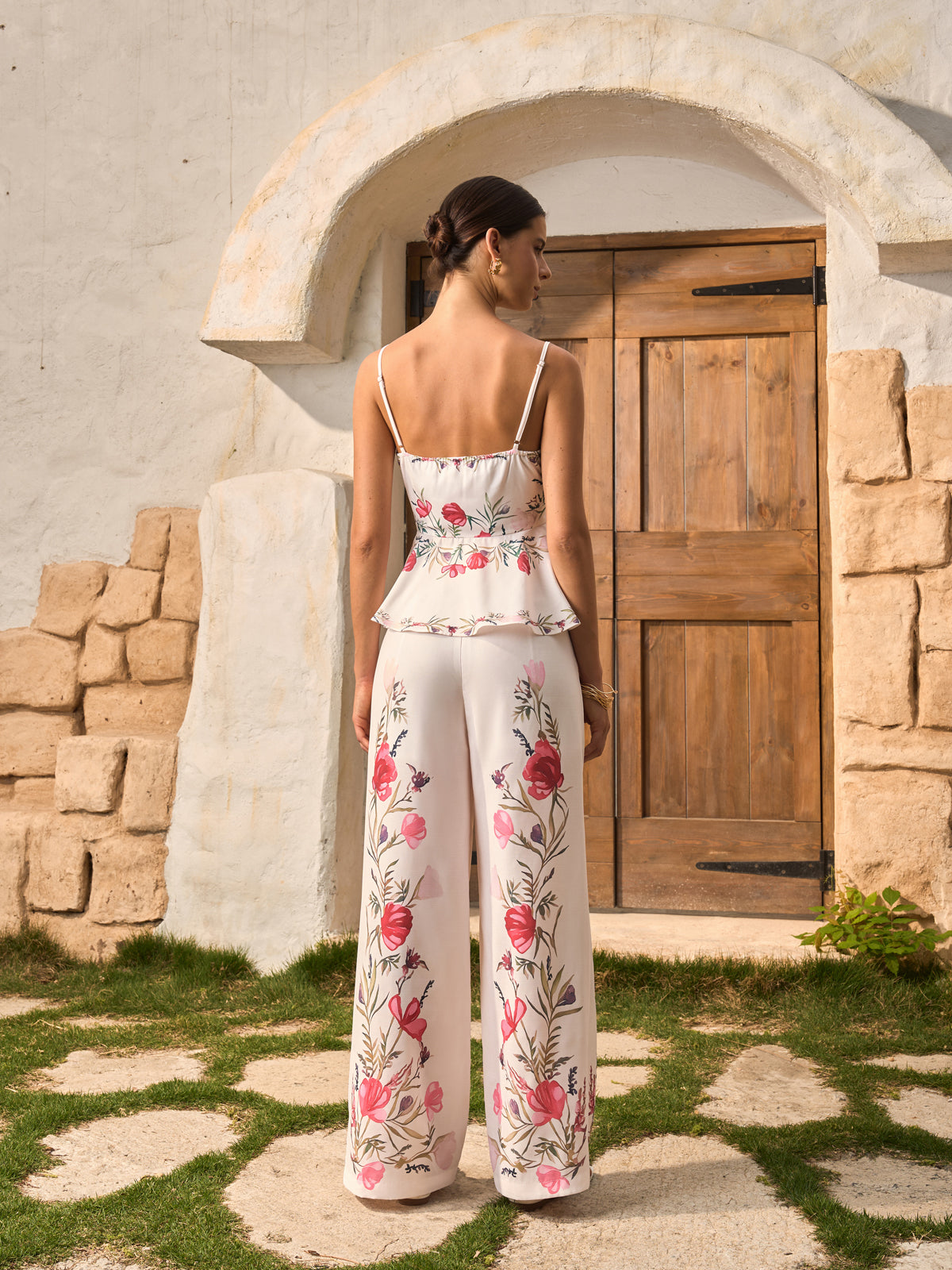 Floral Peplum Top With Pants Set