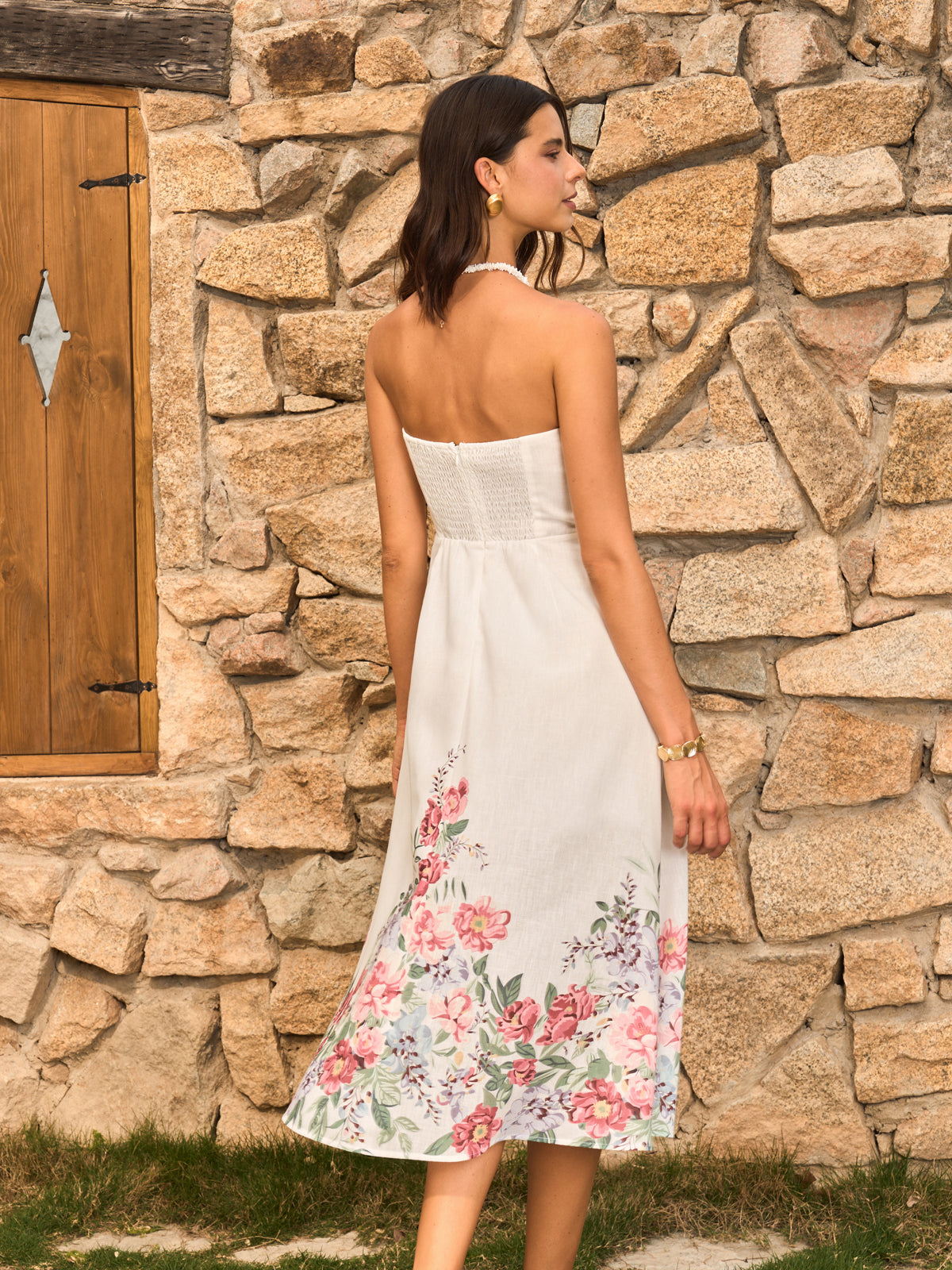 Strapless Floral Print Dress With Decor Buttons