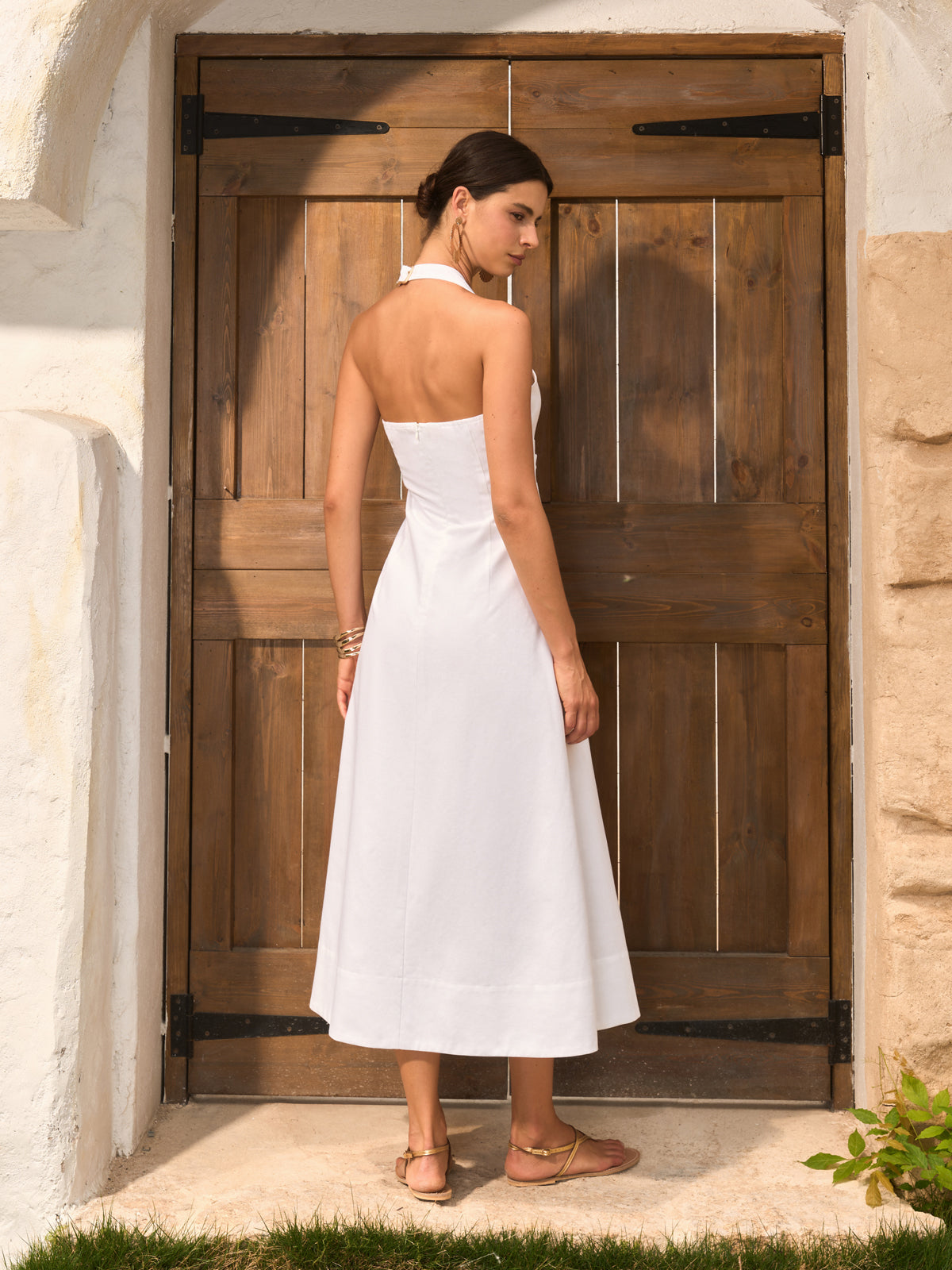 Baumwoll- & Leinenkleid mit Cutouts und Neckholder