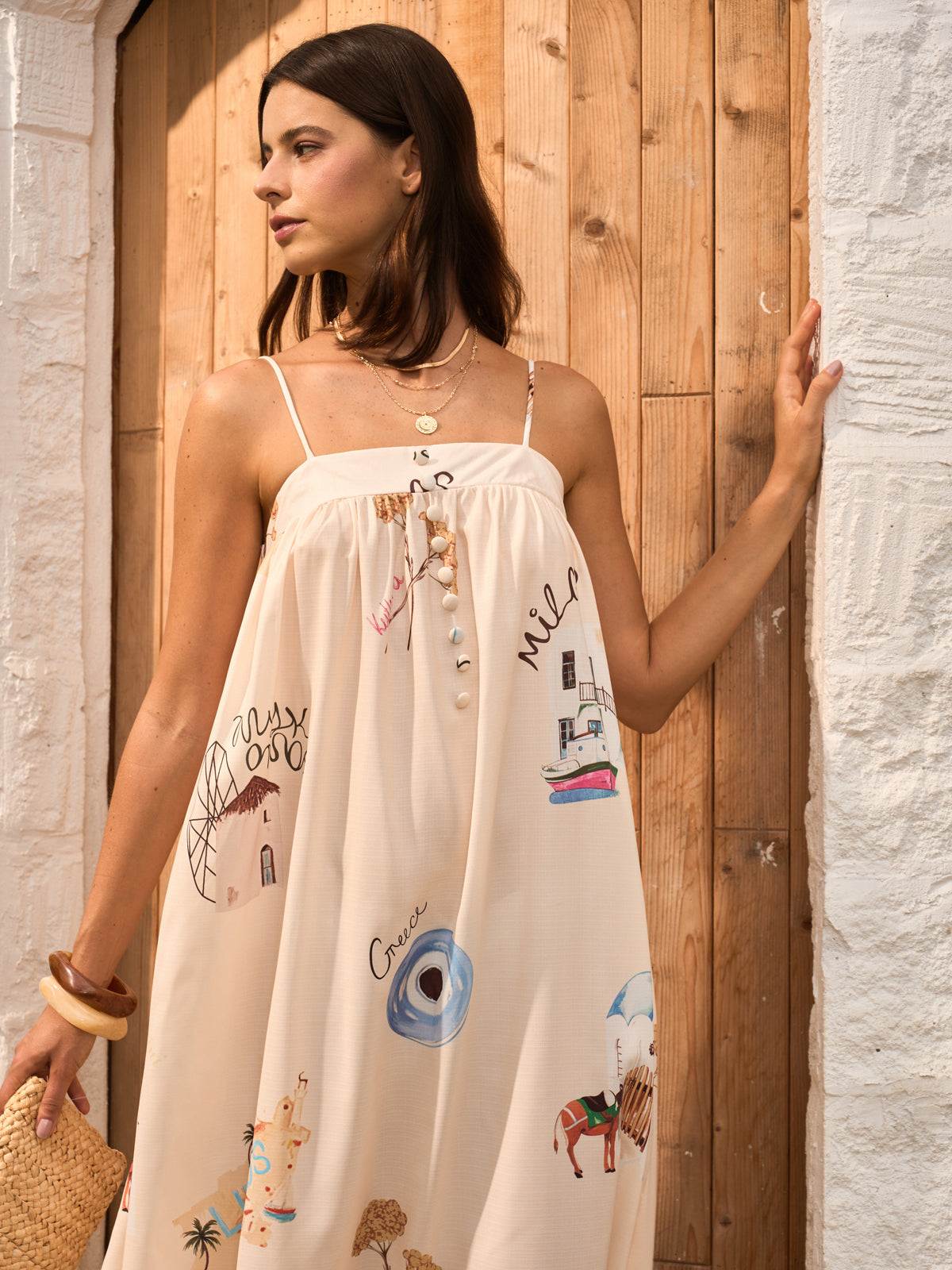 Trägerkleid mit grafischem Print und Bindeband vorne 