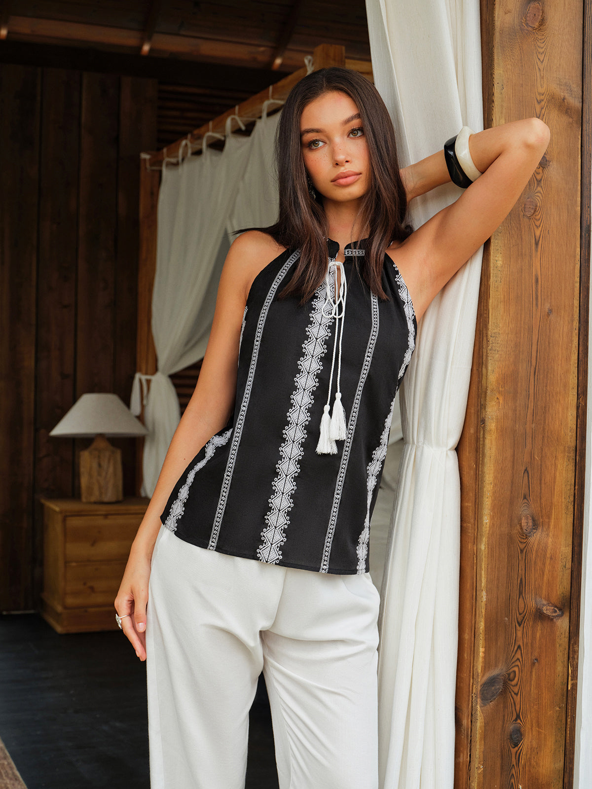 Embroidered Halter Tie-Neck Top