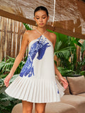 Plissiertes Neckholderkleid mit Blumenmuster